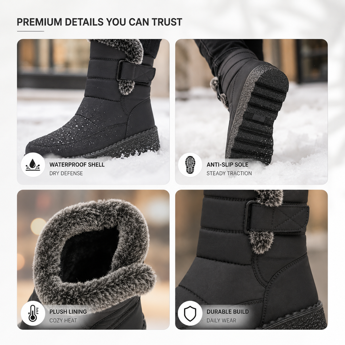 Women's Waterproof Snow Boots with Plush Lining and Non-Slip Sole for Winter | Ankle-High Velcro Closure Insulated Footwear