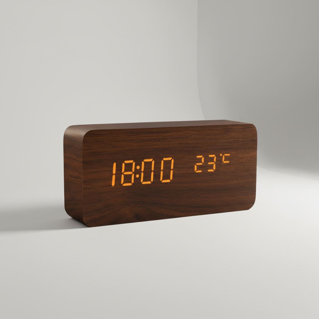 Digital Wood-Style Alarm Clock with LED Display, Temperature, Humidity & Voice Activation for Bedroom, Nightstand