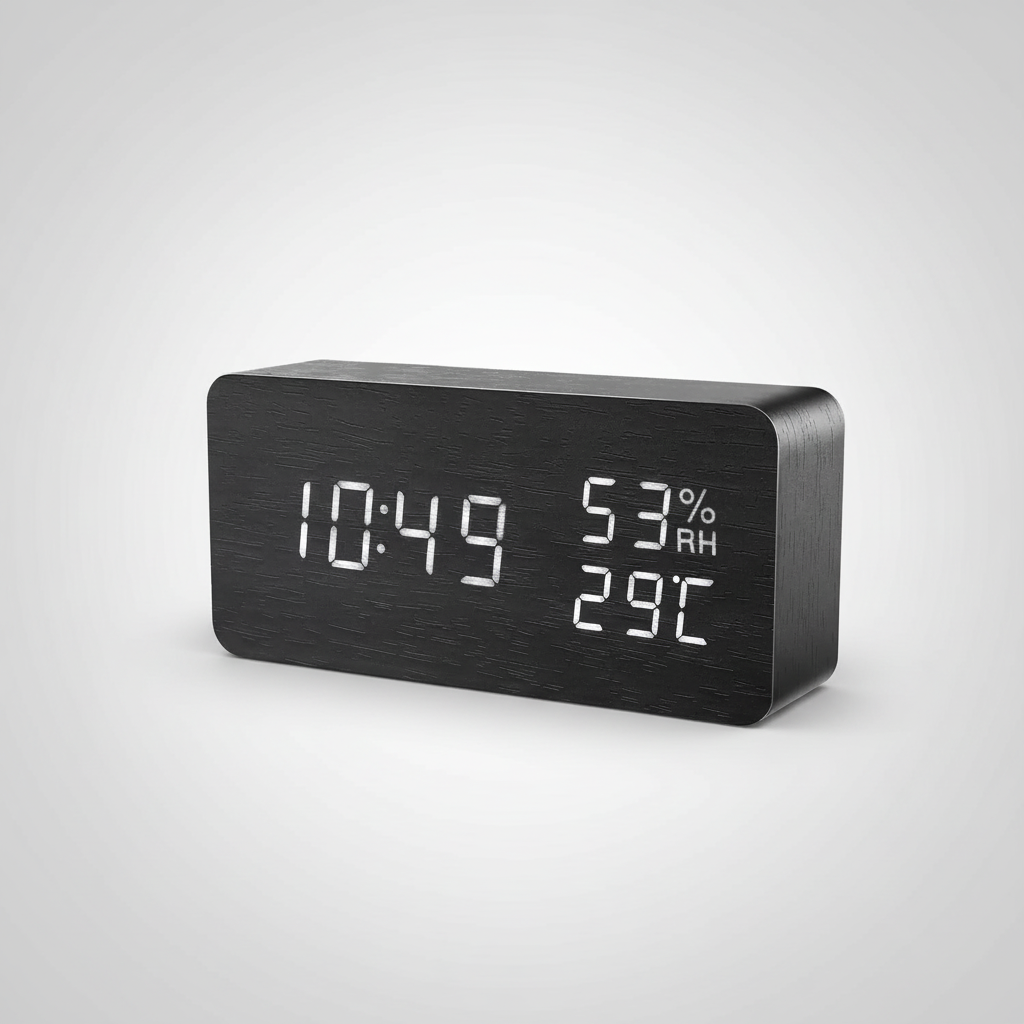Digital Wood-Style Alarm Clock with LED Display, Temperature, Humidity & Voice Activation for Bedroom, Nightstand