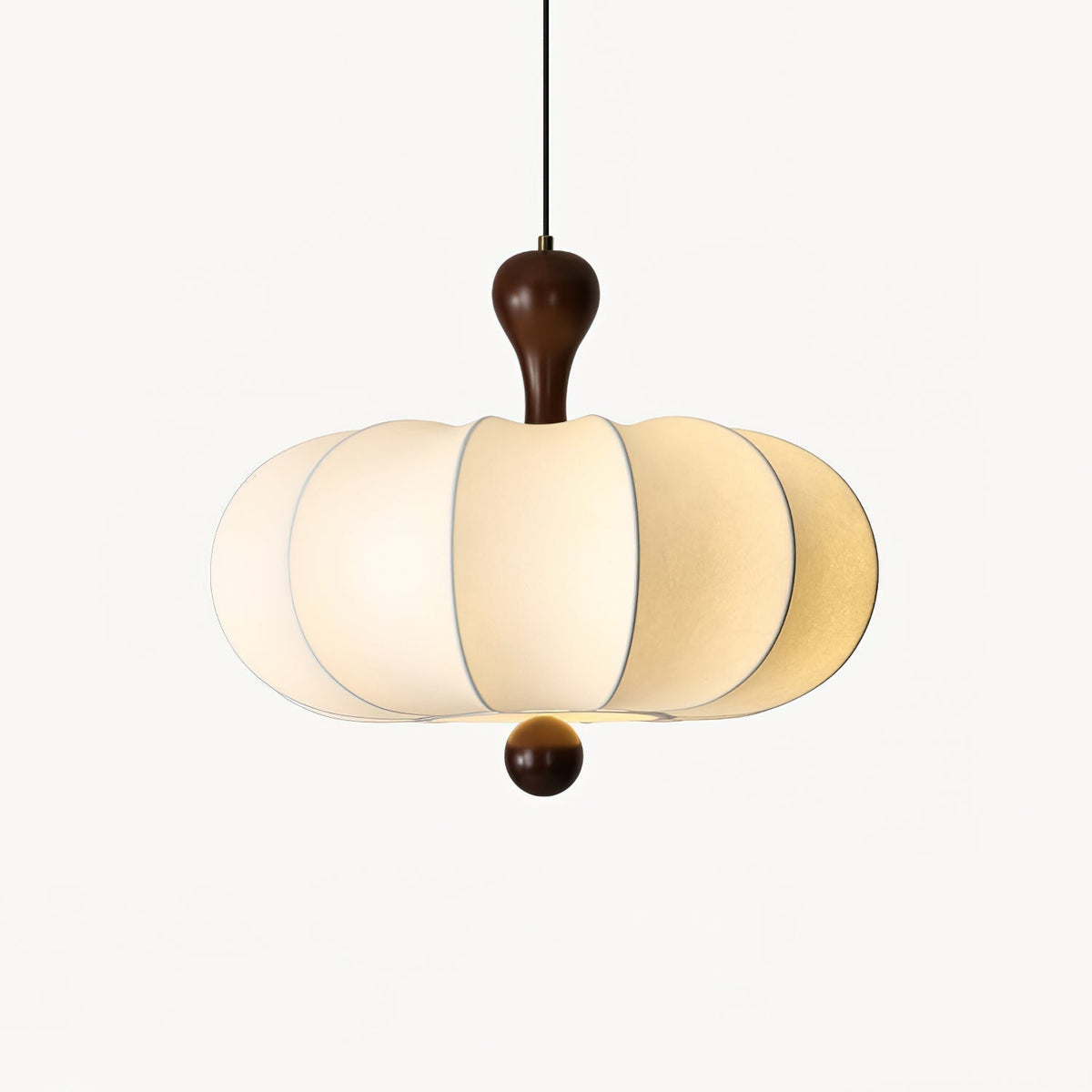 Sculptural White Pendant Light with Walnut Wood Dome and Fabric Shade for Dining Room