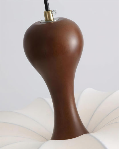 Sculptural White Pendant Light with Walnut Wood Dome and Fabric Shade for Dining Room