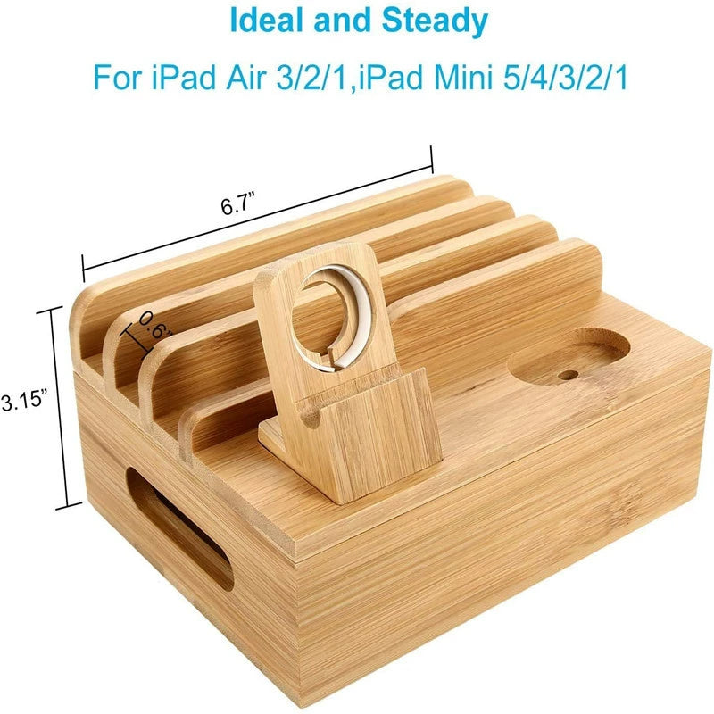 Eco-Friendly Bamboo Charging Station | 5-Port USB Hub with Cable Management for Organized Charging
