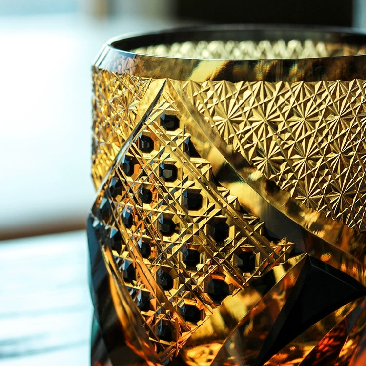 Japanese Cut Crystal Whiskey Tumbler with Gift Box | Dark Amber Hand-Etched Old Fashioned Glass for Scotch Bourbon Spirits | Medieval Knight