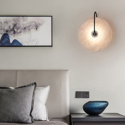 Alabaster Disc Sconce with Gold Arm – Natural Stone Wall Light for Bedroom, Living Room & Hallway – Integrated LED 6 to 12 Inch – Warm White