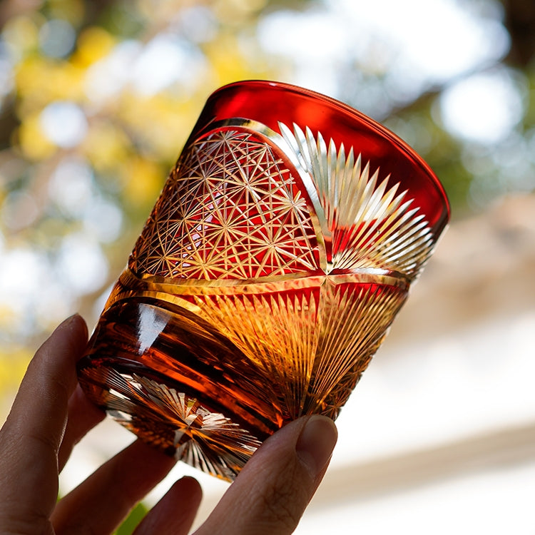 Japanese Cut Crystal Whisky Tumbler with Gift Box | Traditional Etched Pattern | Amber Colored Spirit Glass for Bourbon & Scotch | Artisan B