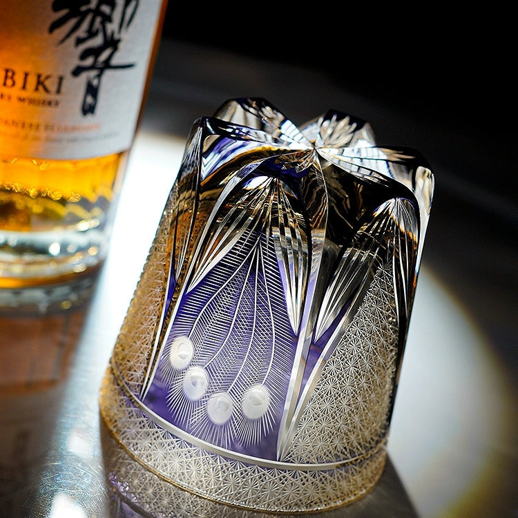 Japanese Cut Crystal Spirits Tumbler with Purple Peacock Motif & Gift Box for Whiskey Bourbon Scotch Cocktails Home Bar Drinkware Glassware