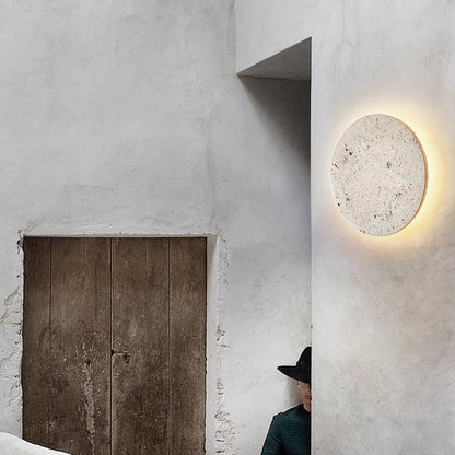 Round Stone Wall Sconce with Integrated Warm LED Light for Bedroom Hallway Living Room Modern Minimalist Travertine Fixture Indoor Ambient L