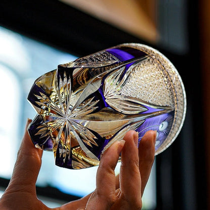 Japanese Cut Crystal Spirits Tumbler with Purple Peacock Motif & Gift Box for Whiskey Bourbon Scotch Cocktails Home Bar Drinkware Glassware