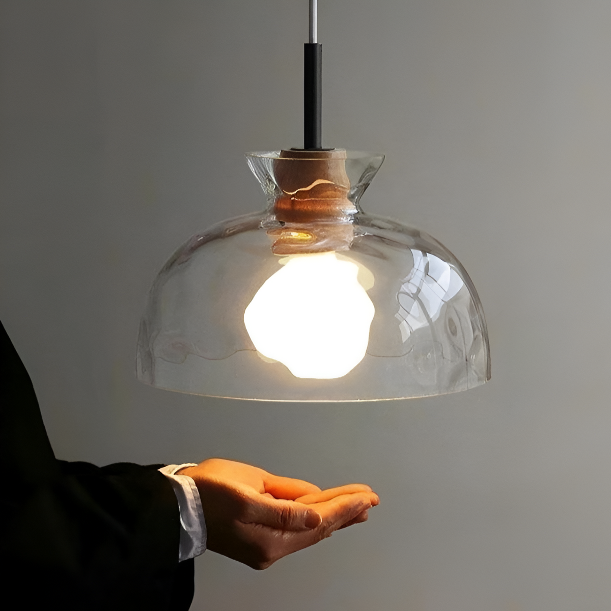 Wood & Glass Drop Light for Counter | Adjustable Height Cord Fixture with Clear Textured Shade | Nordic Style