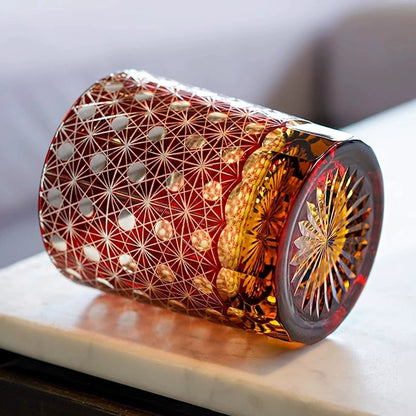 Cut Crystal Whisky Tumblers with Starburst Floral Design in Amber Glass for Bourbon, Scotch & Cocktails