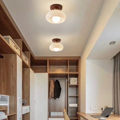 Mid-Century Opal Glass Ceiling Light with Wood Accent – Warm Ambient Flush Mount for Living Room & Bedroom