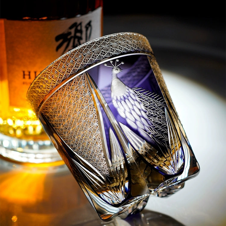 Japanese Cut Crystal Spirits Tumbler with Purple Peacock Motif & Gift Box for Whiskey Bourbon Scotch Cocktails Home Bar Drinkware Glassware