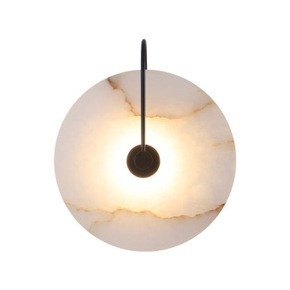 Alabaster Disc Sconce with Gold Arm – Natural Stone Wall Light for Bedroom, Living Room & Hallway – Integrated LED 6 to 12 Inch – Warm White