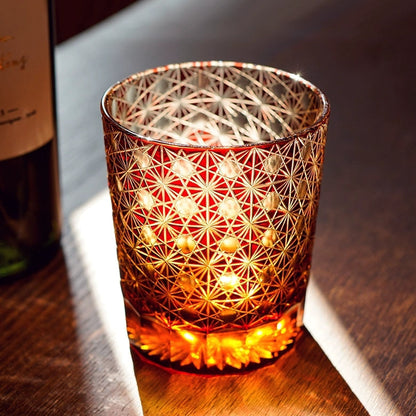 Cut Crystal Whisky Tumblers with Starburst Floral Design in Amber Glass for Bourbon, Scotch & Cocktails