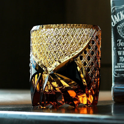 Geometric Cut Crystal Rocks Glass for Bourbon, Scotch & Neat Spirits | Dark Amber Tumbler with Wooden Gift Box for Home Bar & Whisky Enthusi