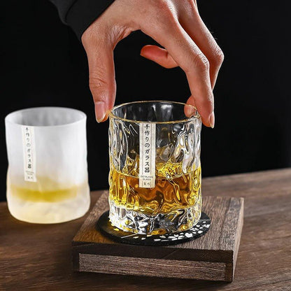 Rocks Glass with Geometric Faceted Cuts for Bourbon Scotch & Cognac | Textured Crystal Tumbler Set with Wood Box & Coaster for Home Bar | Ol