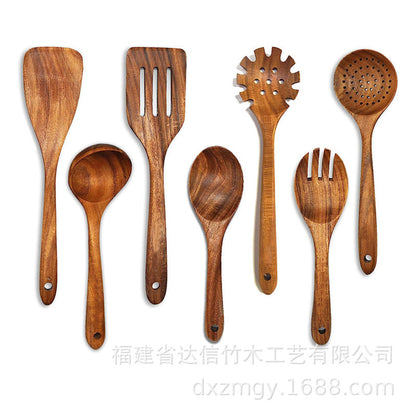 Natural Teak Wood Cooking Utensil Set for Kitchen & Dining | Eco-Friendly Solid Hardwood Spatula Spoon Tool Collection | Heat-Resistant