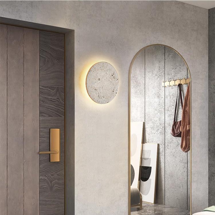 Round Stone Wall Sconce with Integrated Warm LED Light for Bedroom Hallway Living Room Modern Minimalist Travertine Fixture Indoor Ambient L