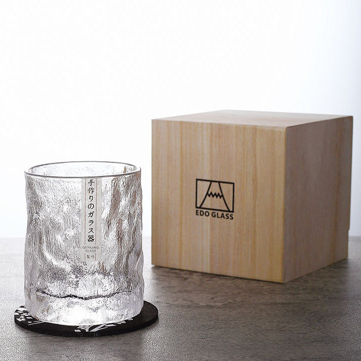 Rocks Glass with Geometric Faceted Cuts for Bourbon Scotch & Cognac | Textured Crystal Tumbler Set with Wood Box & Coaster for Home Bar | Ol