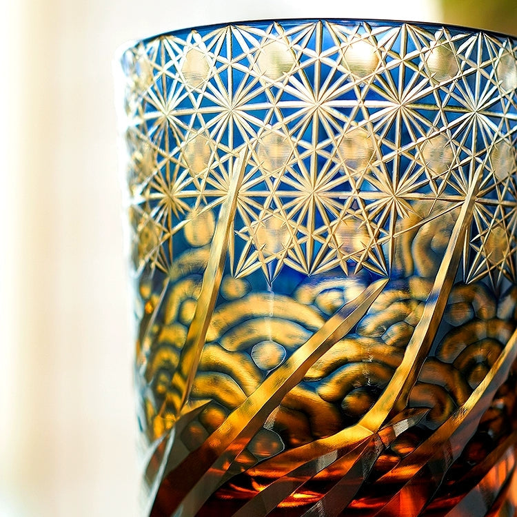 Hand-Cut Crystal Tumbler for Bourbon & Spirits, Blue-Amber Glass with Authentic Japanese Patterns, Gift-Ready Keepsake Box for Collectors