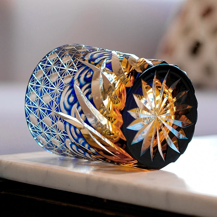 Hand-Cut Crystal Tumbler for Bourbon & Spirits, Blue-Amber Glass with Authentic Japanese Patterns, Gift-Ready Keepsake Box for Collectors