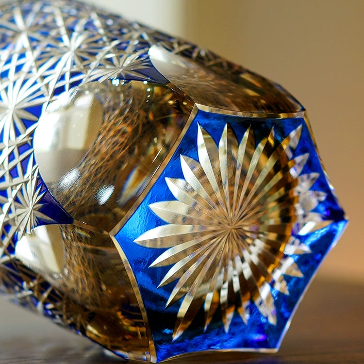 Hand-Cut Crystal Tumbler for Bourbon & Spirits, Blue-Amber Glass with Authentic Japanese Patterns, Gift-Ready Keepsake Box for Collectors