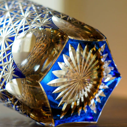 Hand-Cut Crystal Tumbler for Bourbon & Spirits, Blue-Amber Glass with Authentic Japanese Patterns, Gift-Ready Keepsake Box for Collectors