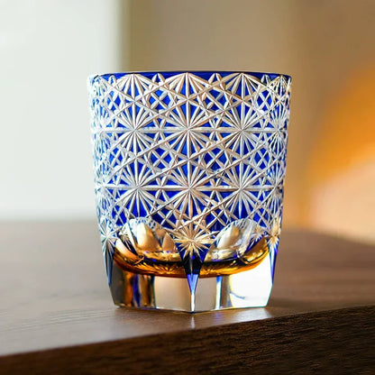 Hand-Cut Crystal Tumbler for Bourbon & Spirits, Blue-Amber Glass with Authentic Japanese Patterns, Gift-Ready Keepsake Box for Collectors