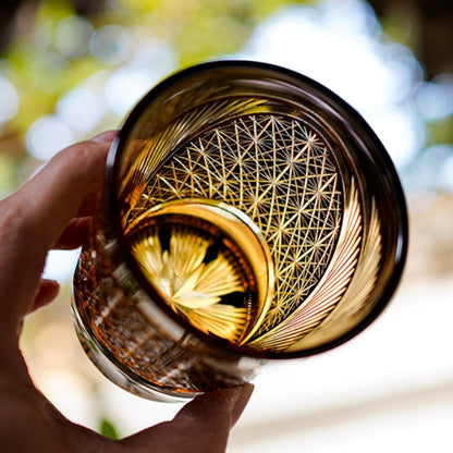 Japanese Cut Crystal Whisky Tumbler with Gift Box | Traditional Etched Pattern | Amber Colored Spirit Glass for Bourbon & Scotch | Artisan B