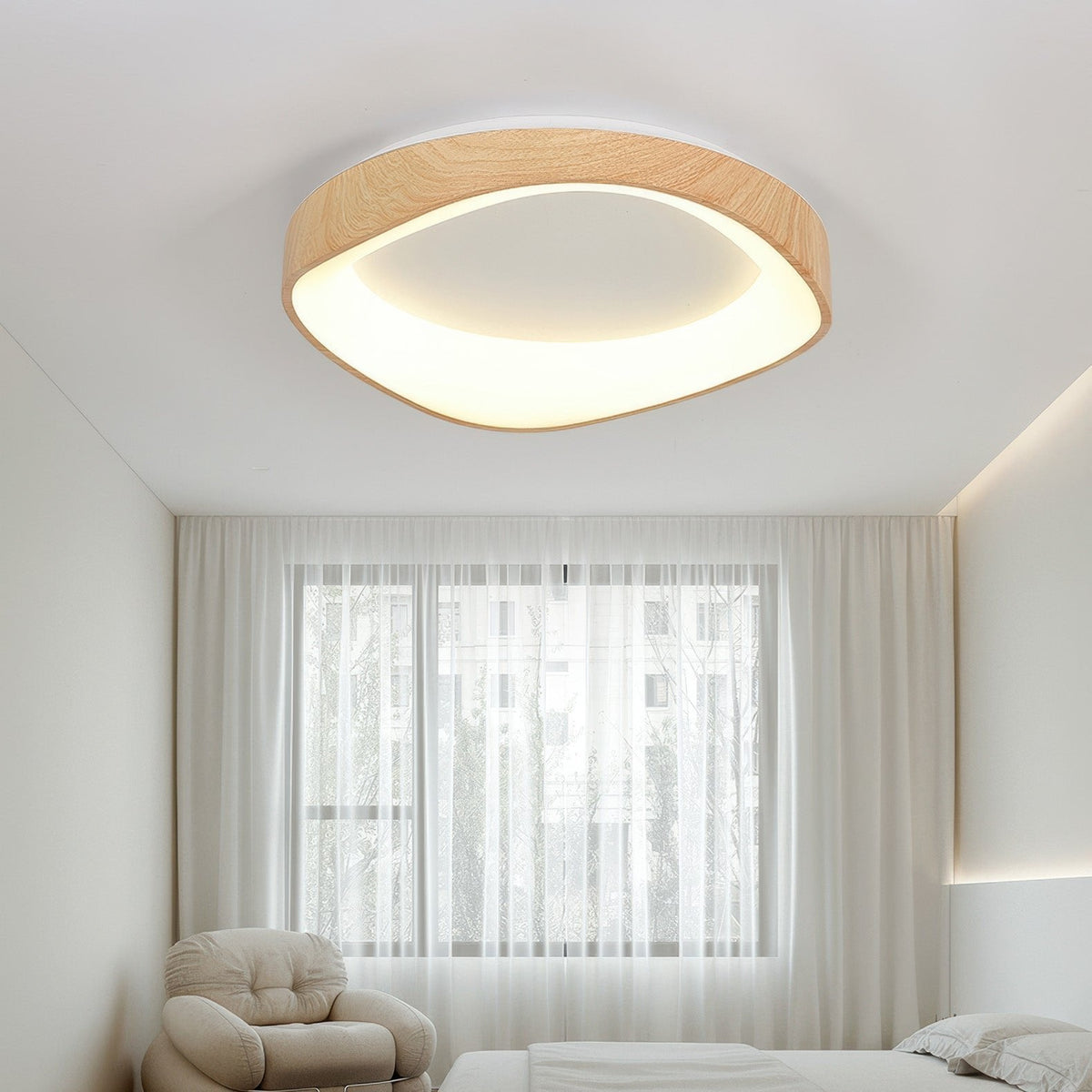 Round Wood Grain Flush Mount LED Light 16-24 Inch Iron Acrylic Fixture for Bedroom Living Room Den Office Scandinavian Minimalist Modern Far
