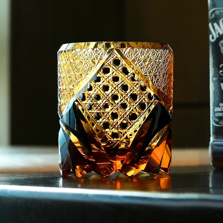Japanese Cut Crystal Whiskey Tumbler with Gift Box | Dark Amber Hand-Etched Old Fashioned Glass for Scotch Bourbon Spirits | Medieval Knight