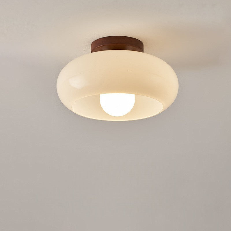 Mid-Century Opal Glass Ceiling Light with Wood Accent – Warm Ambient Flush Mount for Living Room & Bedroom