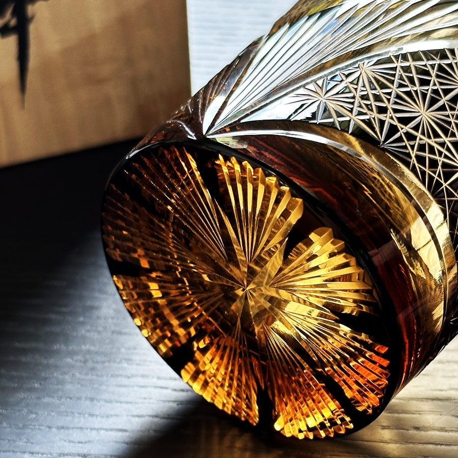 Hand-Cut Crystal Lowball Glass with Etched Crane Motif in Warm Amber Finish for Bourbon Scotch Cocktails Spirits Tasting Home Bar Display El