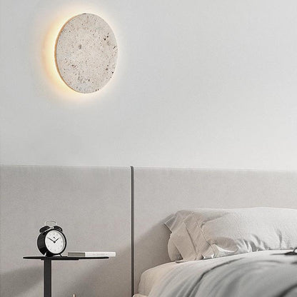 Round Stone Wall Sconce with Integrated Warm LED Light for Bedroom Hallway Living Room Modern Minimalist Travertine Fixture Indoor Ambient L