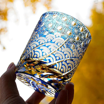 Hand-Cut Crystal Tumbler for Bourbon & Spirits, Blue-Amber Glass with Authentic Japanese Patterns, Gift-Ready Keepsake Box for Collectors