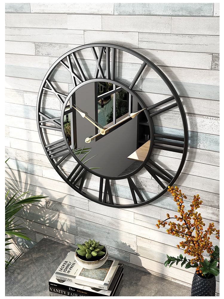 15 Inch Industrial Metal Wall Clock with Mirror Accents for Living Room, Bedroom, Office | Modern Vintage Timepiece | Battery Operated