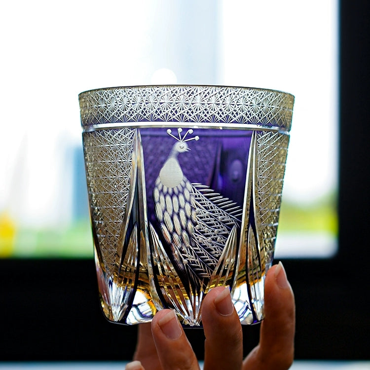 Japanese Cut Crystal Spirits Tumbler with Purple Peacock Motif & Gift Box for Whiskey Bourbon Scotch Cocktails Home Bar Drinkware Glassware