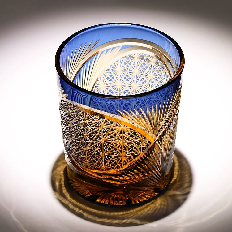 Hand-Cut Crystal Lowball Glass with Etched Crane Motif in Warm Amber Finish for Bourbon Scotch Cocktails Spirits Tasting Home Bar Display El