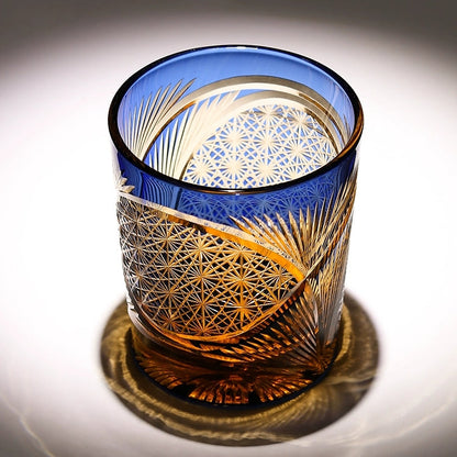 Hand-Cut Crystal Lowball Glass with Etched Crane Motif in Warm Amber Finish for Bourbon Scotch Cocktails Spirits Tasting Home Bar Display El