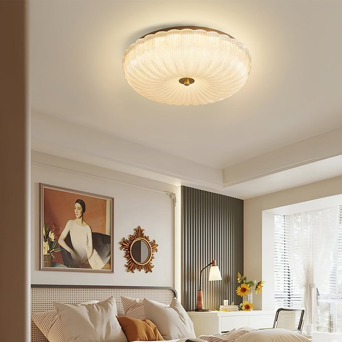 Flush Mount LED Ceiling Light with Textured Glass Shade for Dining Room & Bedroom – Round Halo Design, 8 to 20 Inch Diameter Options, Warm