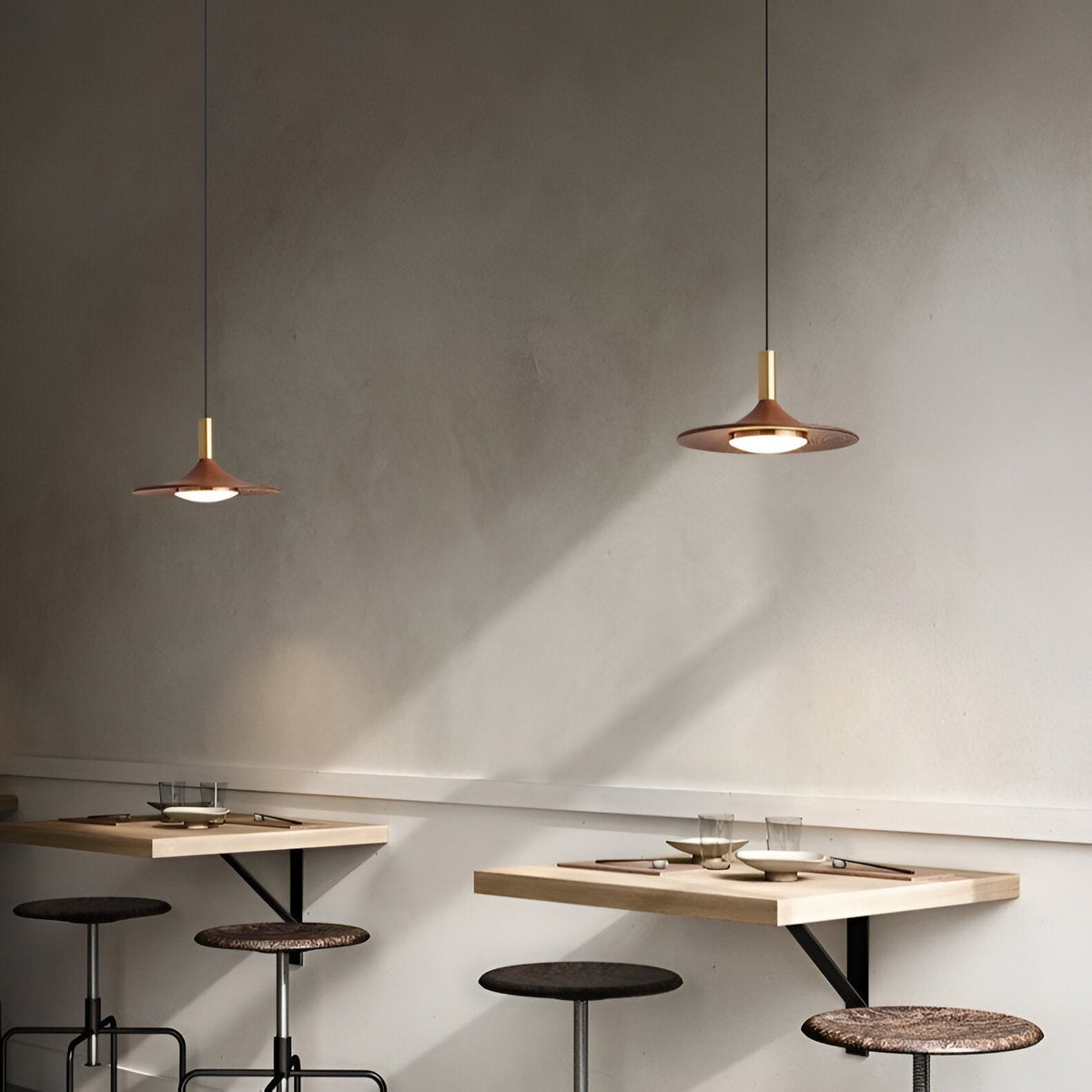Sculptural Metal Shade Ceiling Fixture with Organic Wood-Tone Accent – 10 in or 14 in Drop Light for Island Counter Bar and Breakfast Nook –