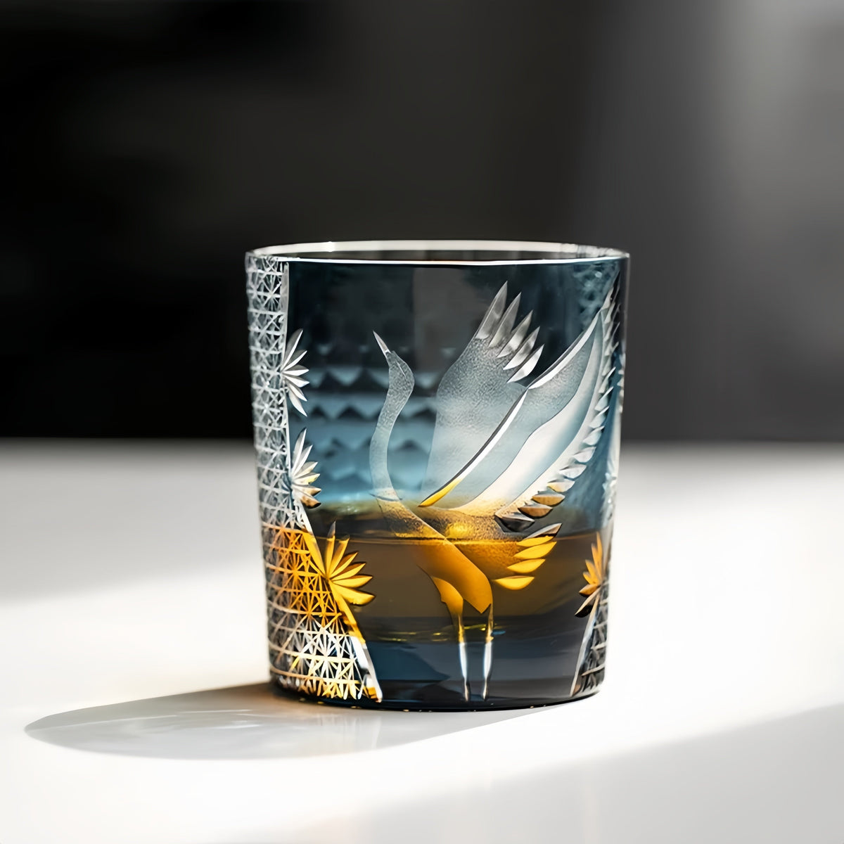 Japanese Cut Crystal Whisky Tumbler with Crane Motif and Gift Box for Spirits and Cocktails