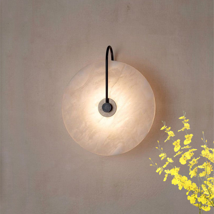 Alabaster Disc Sconce with Gold Arm – Natural Stone Wall Light for Bedroom, Living Room & Hallway – Integrated LED 6 to 12 Inch – Warm White