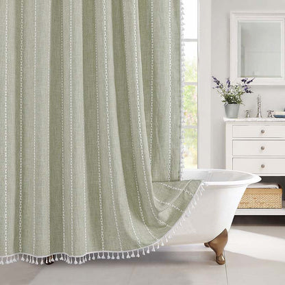 Waterproof Bath Curtain with Tassel Trim 71 x 79 Inches Gray Woven Linen Privacy Screen for Bohemian Bathrooms Country Style Decor Machine W