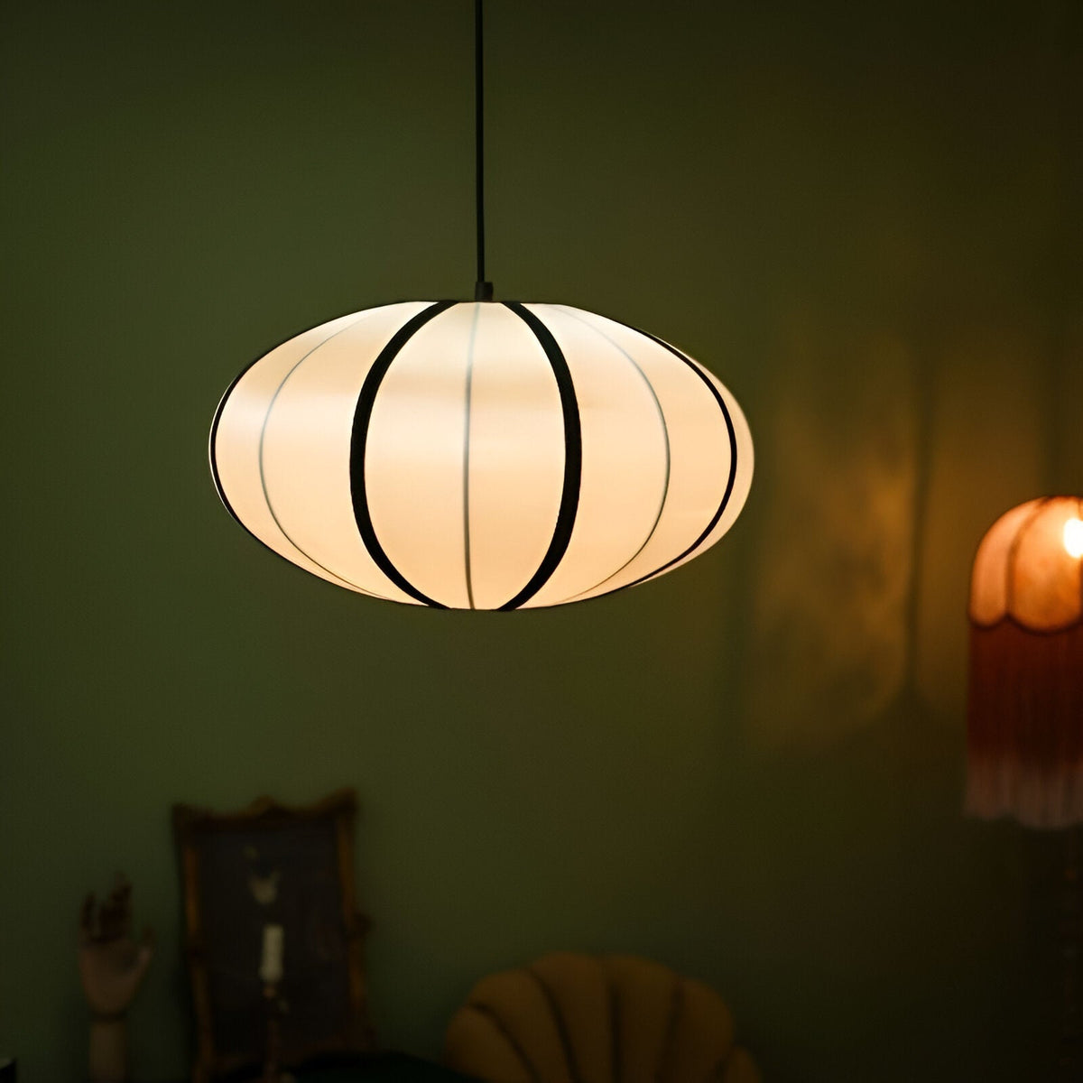 Fabric Ceiling Light 16-Inch Orb Shade for Dining Room Bedroom Kitchen Island White Silk Hanging Fixture E27 Socket Adjustable Height
