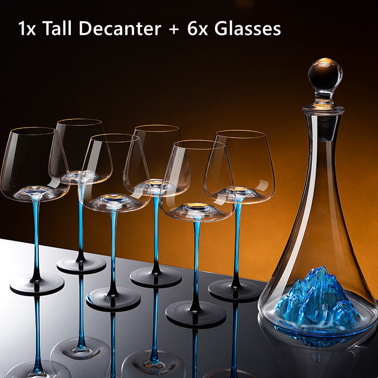 Hand-Painted Wine Glasses and Decanter Set with Cobalt Blue Accents for Burgundy and Red Wine