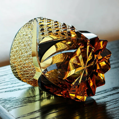 Geometric Cut Crystal Rocks Glass for Bourbon, Scotch & Neat Spirits | Dark Amber Tumbler with Wooden Gift Box for Home Bar & Whisky Enthusi
