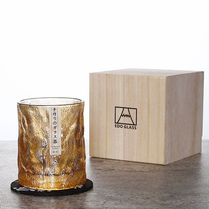 Rocks Glass with Geometric Faceted Cuts for Bourbon Scotch & Cognac | Textured Crystal Tumbler Set with Wood Box & Coaster for Home Bar | Ol