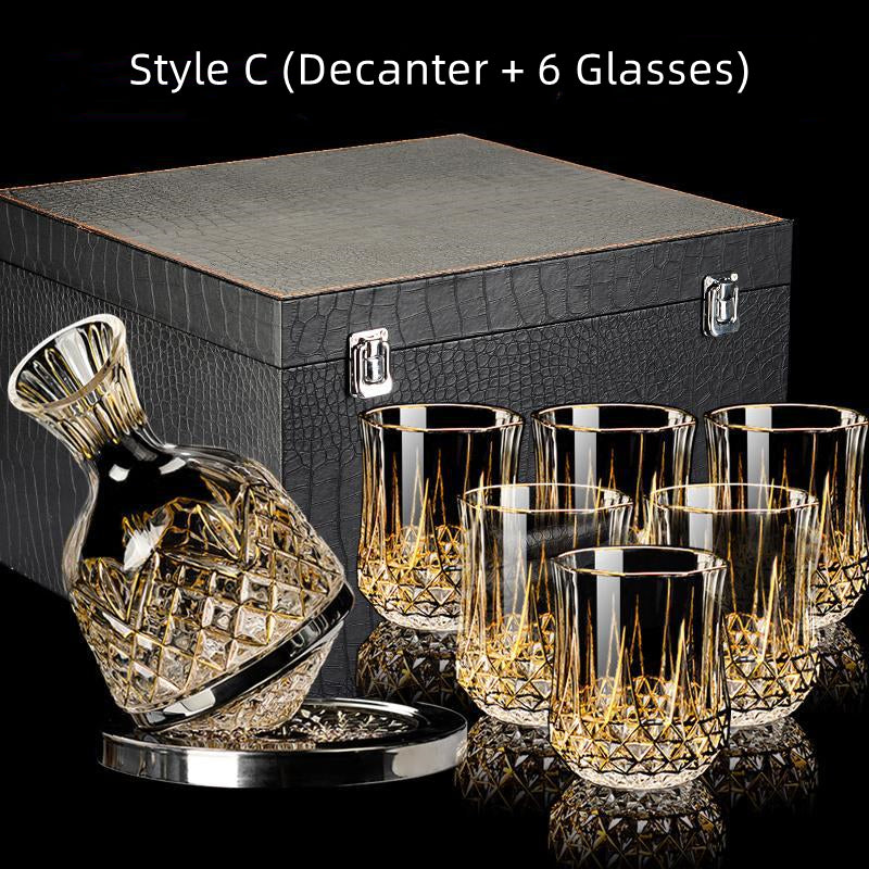 Embossed Gold Accent Wine Glass & Decanter Set with Carrying Case for Elegant Entertaining