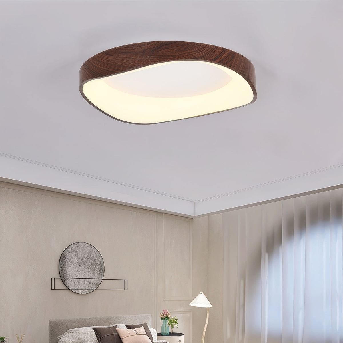 Round Wood Grain Flush Mount LED Light 16-24 Inch Iron Acrylic Fixture for Bedroom Living Room Den Office Scandinavian Minimalist Modern Far